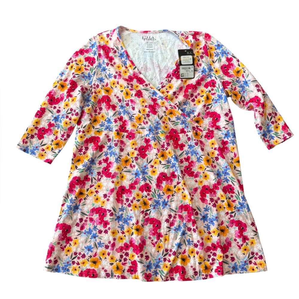 NWT Ulla Popken‎ US 12/14 EU 42/44 Spring Floral Short Sleeve Blouse 100% Cotton